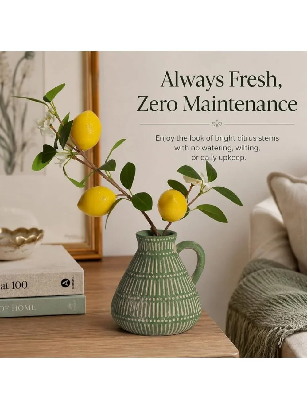 Small Green Clay Vase with Faux Lemon Branch - Charming Lemon Decor Accent